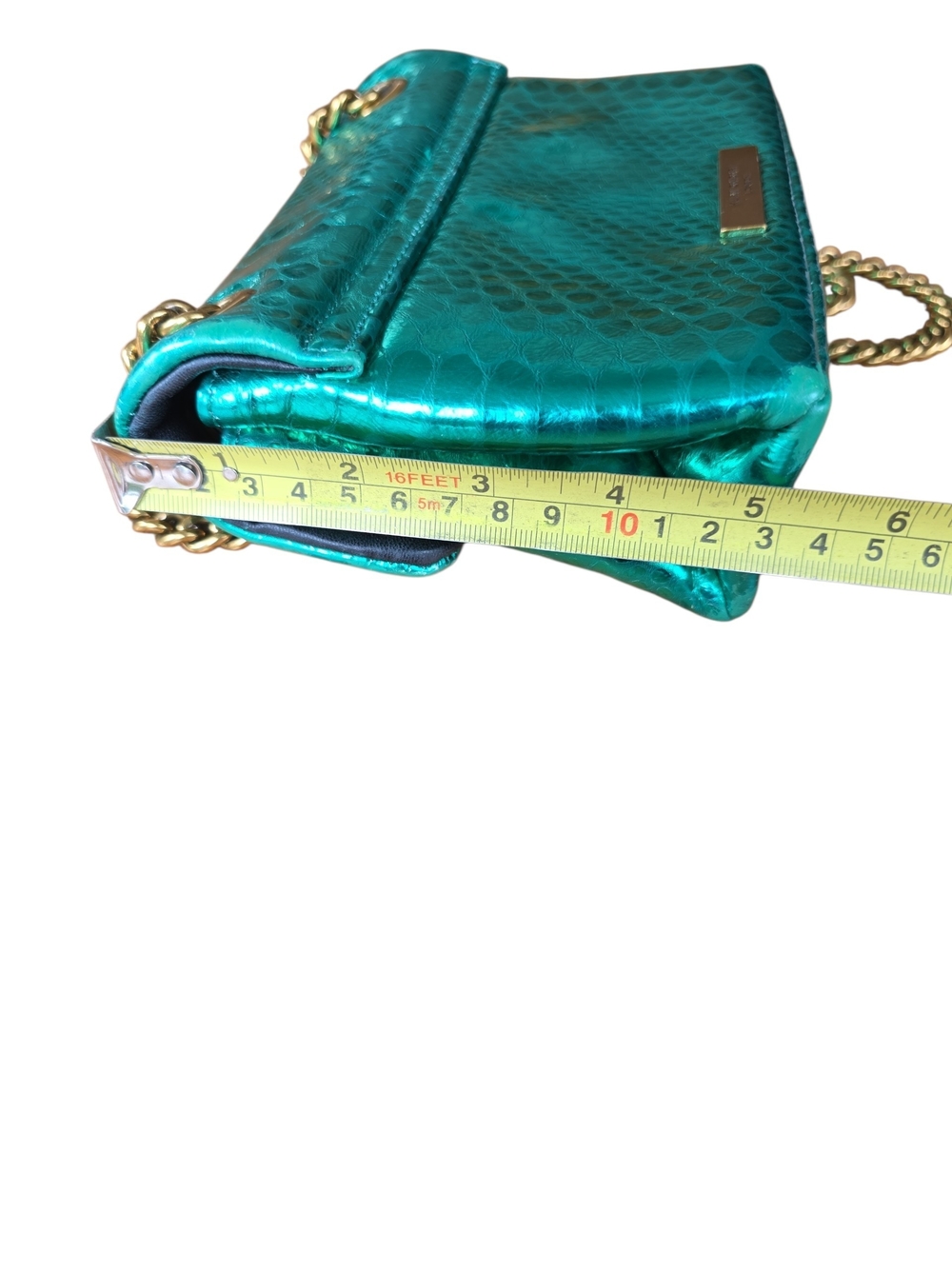 Kurt Geiger Turquoise Snake-Embossed Shoulder Bag with Gold Chain - Picture 14 of 15